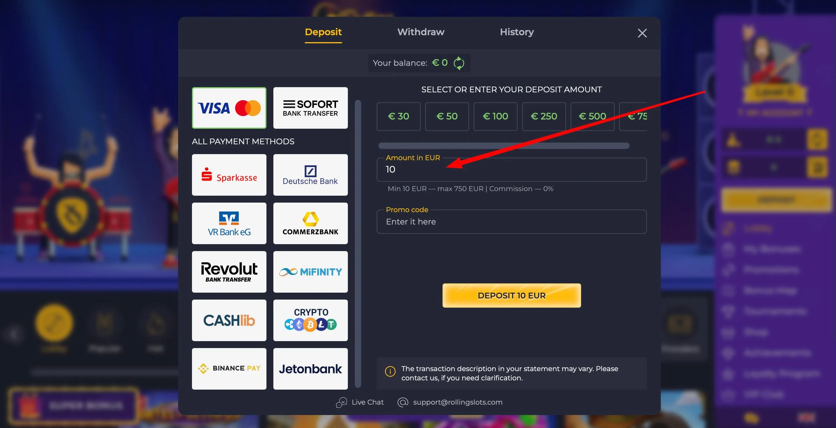 RollingSlots Casino Einzahlung